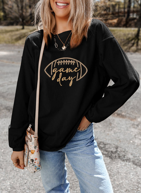 Corduroy Game Day Football Embroidered Drop Shoulder Crewneck Sweatshirt