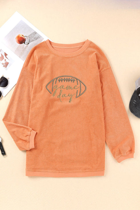 Corduroy Game Day Football Embroidered Drop Shoulder Crewneck Sweatshirt