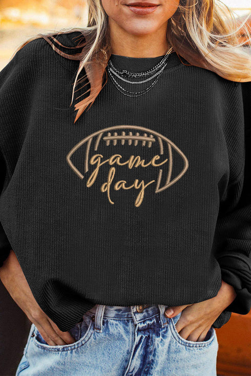 Corduroy Game Day Football Embroidered Drop Shoulder Crewneck Sweatshirt