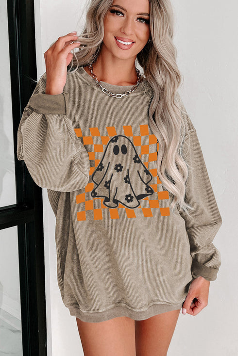 Corduroy Ghost Graphic Crew Neck Oversized Pullover