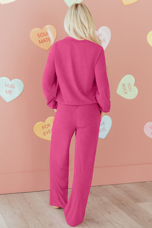 Corduroy Half Button Pullover Wide Leg Pant Set