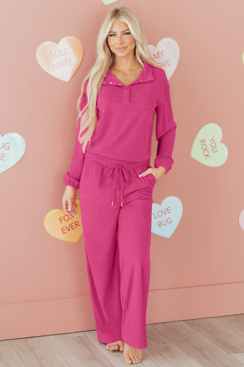 Corduroy Half Button Pullover Wide Leg Pant Set