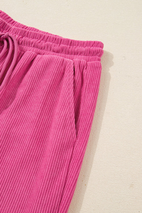Corduroy Half Button Split Collar Drop Shoulder Drawstring Wide Leg Pant Set
