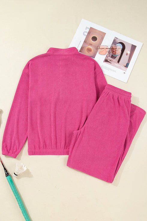 Corduroy Half Button Split Collar Drop Shoulder Drawstring Wide Leg Pant Set