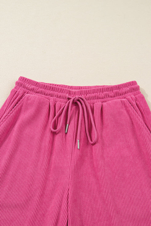 Corduroy Half Button Split Collar Drop Shoulder Drawstring Wide Leg Pant Set