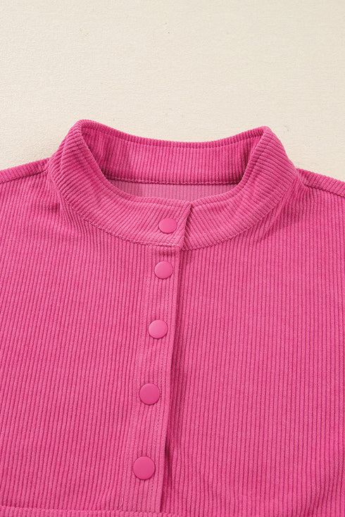 Corduroy Half Button Split Collar Drop Shoulder Drawstring Wide Leg Pant Set