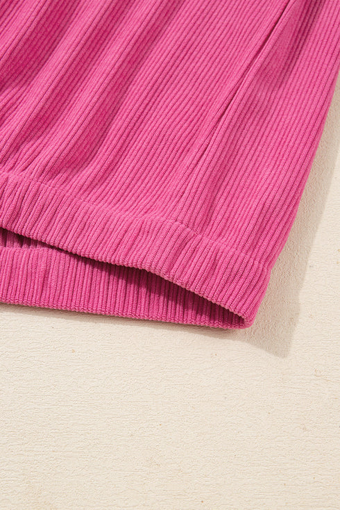 Corduroy Half Button Split Collar Drop Shoulder Drawstring Wide Leg Pant Set