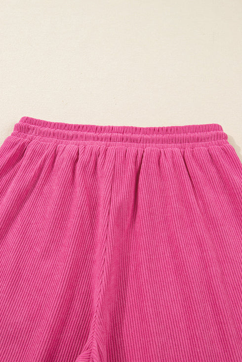 Corduroy Half Button Split Collar Drop Shoulder Drawstring Wide Leg Pant Set