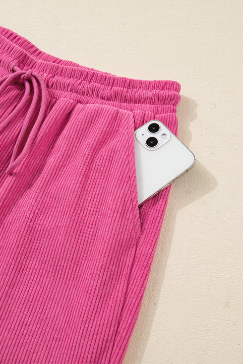 Corduroy Half Button Split Collar Drop Shoulder Drawstring Wide Leg Pant Set