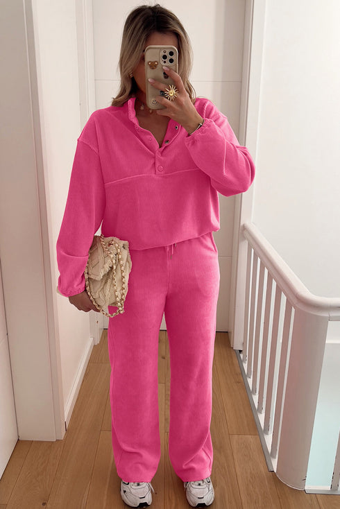Corduroy Half Button Split Collar Drop Shoulder Drawstring Wide Leg Pant Set