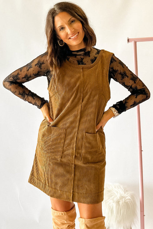 Corduroy Patch Pocket Sleeveless H Line Mini Dress
