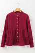 Corduroy Ruffle Tiered Buttoned O Neck Shirt