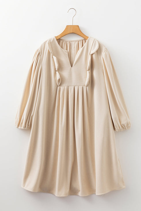 Corduroy Scallop Detail Notched Neck Plus Size Mini Dress