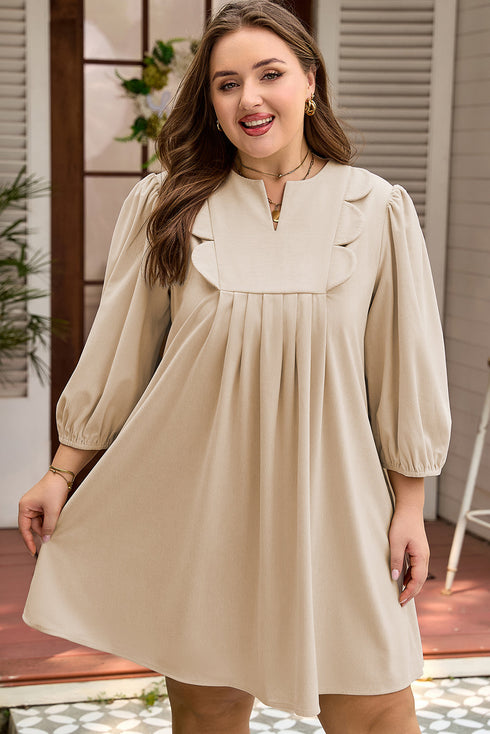 Corduroy Scallop Detail Notched Neck Plus Size Mini Dress