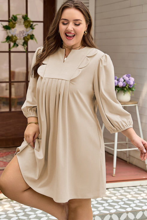 Corduroy Scallop Detail Notched Neck Plus Size Mini Dress