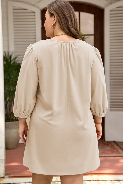 Corduroy Scallop Detail Notched Neck Plus Size Mini Dress