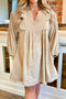 Corduroy Scallop Yoke Notched V Neck Balloon Sleeve H Line Mini Dress
