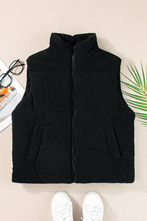 Corduroy Stand-Collar Zip-Front Quilted Puffer Vest