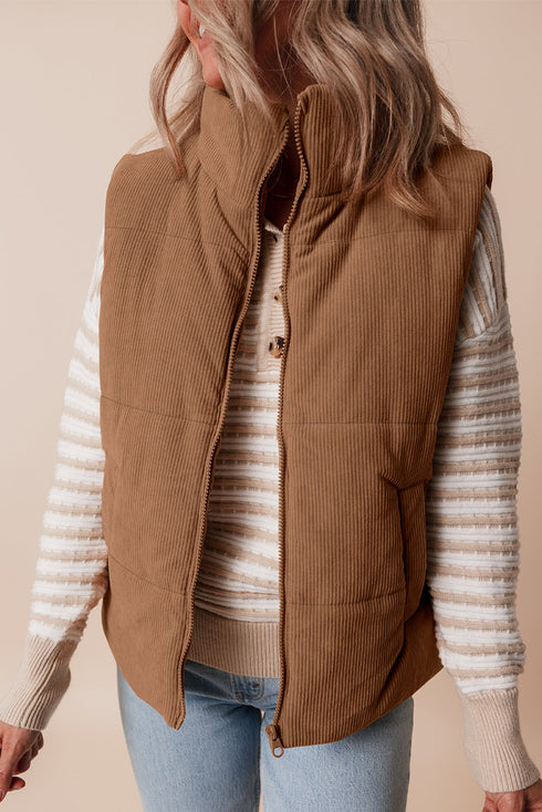 Corduroy Stand-Collar Zip-Front Quilted Puffer Vest