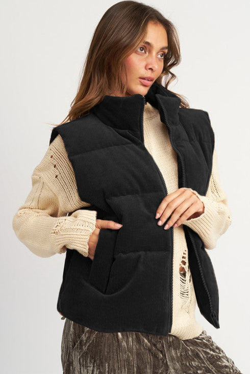 Corduroy Stand-Collar Zip-Front Quilted Puffer Vest