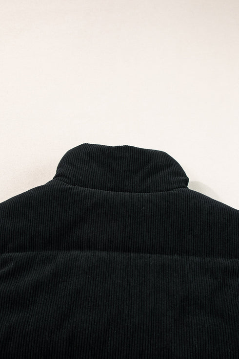 Corduroy Stand-Collar Zip-Front Quilted Puffer Vest