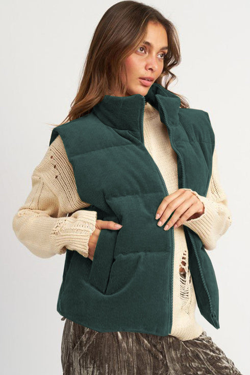 Corduroy Stand-Collar Zip-Front Quilted Puffer Vest