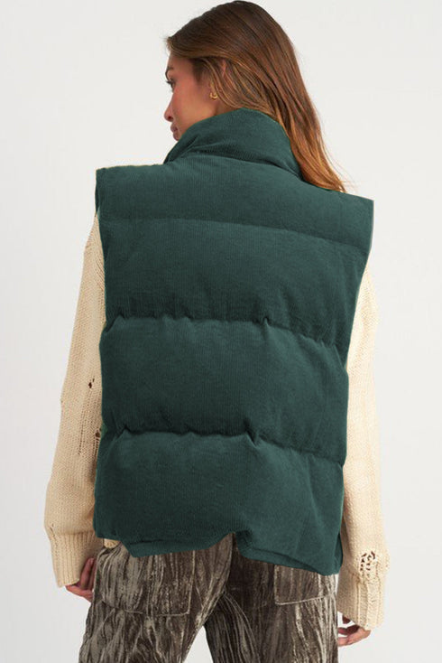 Corduroy Stand-Collar Zip-Front Quilted Puffer Vest