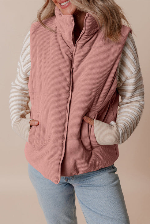 Corduroy Stand-Collar Zip-Front Quilted Puffer Vest