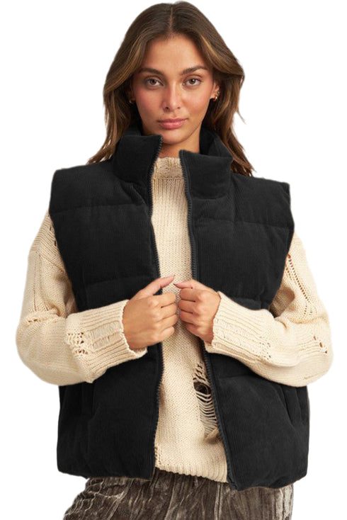 Corduroy Stand-Collar Zip-Front Quilted Puffer Vest