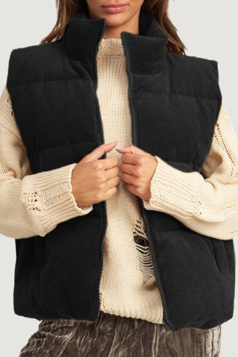 Corduroy Stand-Collar Zip-Front Quilted Puffer Vest