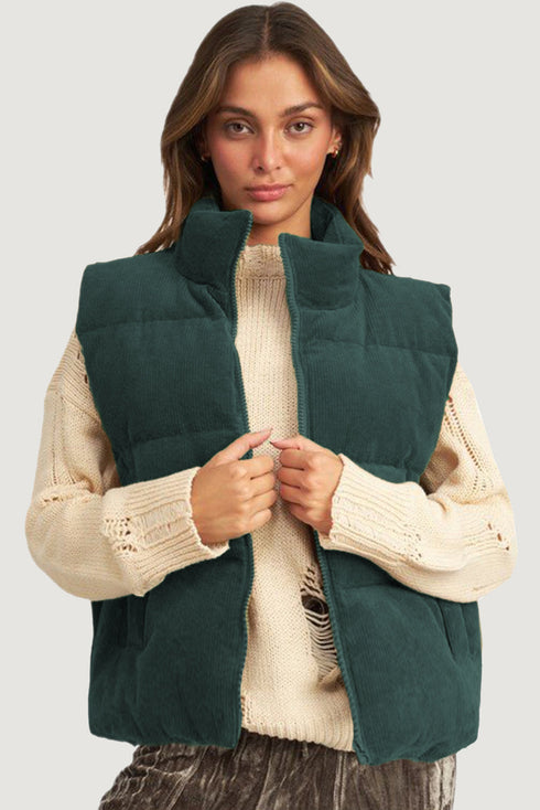 Corduroy Stand-Collar Zip-Front Quilted Puffer Vest