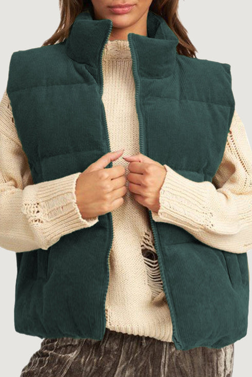 Corduroy Stand-Collar Zip-Front Quilted Puffer Vest