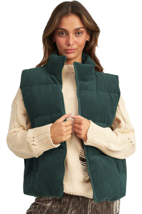 Corduroy Stand-Collar Zip-Front Quilted Puffer Vest