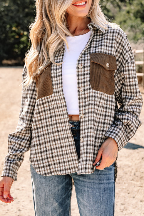 Corduroy Textured Patchwork Flap Pocket Plaid Shacket