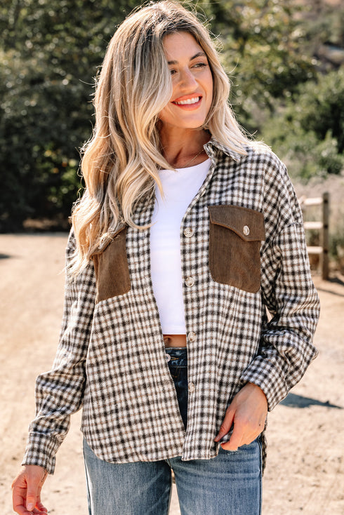 Corduroy Textured Patchwork Flap Pocket Plaid Shacket
