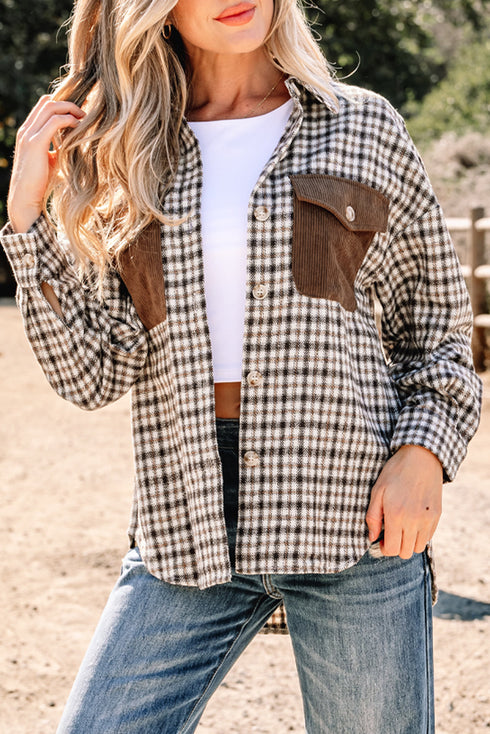 Corduroy Textured Patchwork Flap Pocket Plaid Shacket