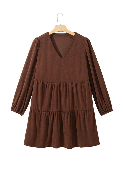 Corduroy V Neck Long Sleeve Mini Dress