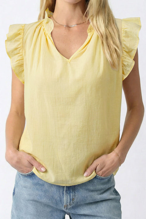 Cotton Blend Ruffle Trim V Neck Sleeveless Tank Top