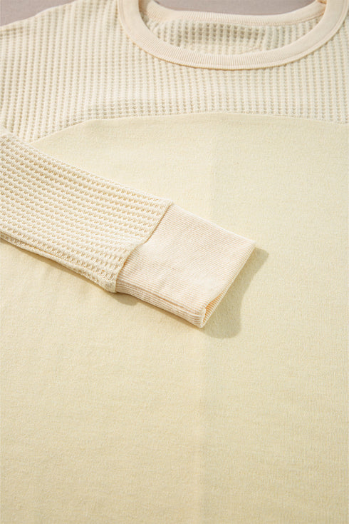Cotton Blend Waffle Knit Exposed Seam Thermal Top