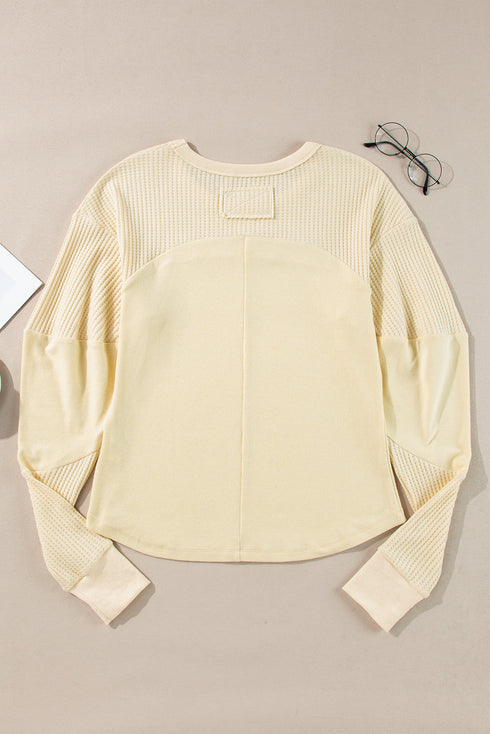 Cotton Blend Waffle Knit Exposed Seam Thermal Top