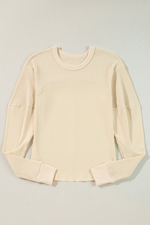 Cotton Blend Waffle Knit Exposed Seam Thermal Top
