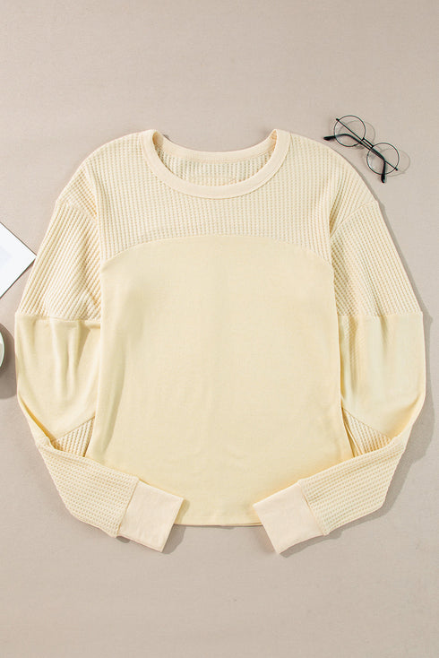 Cotton Blend Waffle Knit Exposed Seam Thermal Top