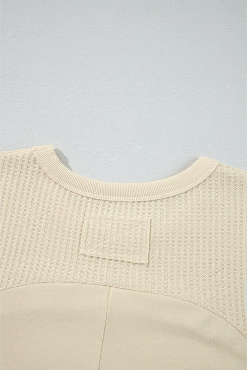 Cotton Blend Waffle Knit Exposed Seam Thermal Top