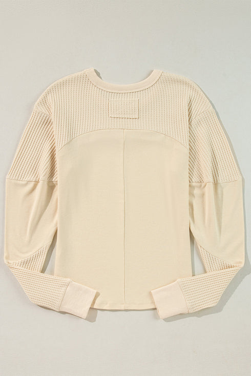 Cotton Blend Waffle Knit Exposed Seam Thermal Top