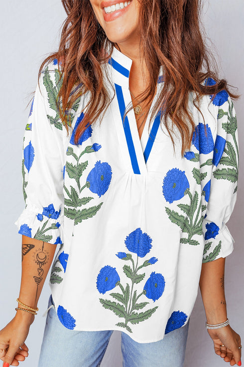 Cotton Blend Wildflower Print V Neck Three Quarter Sleeve Blouse