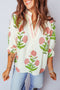 Cotton Blend Wildflower Print V Neck Three Quarter Sleeve Blouse