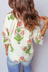 Cotton Blend Wildflower Print V Neck Three Quarter Sleeve Blouse