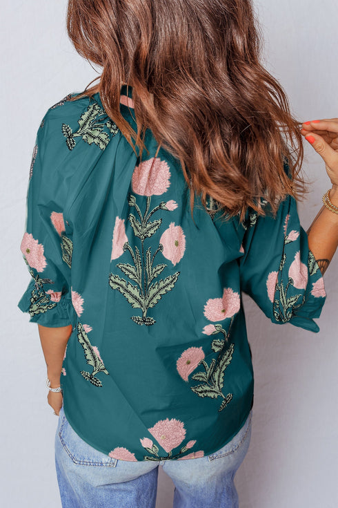 Cotton Blend Wildflower Print V Neck Three Quarter Sleeve Blouse