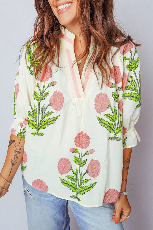 Cotton Blend Wildflower Print V Neck Three Quarter Sleeve Blouse