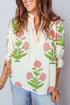Cotton Blend Wildflower Print V Neck Three Quarter Sleeve Blouse